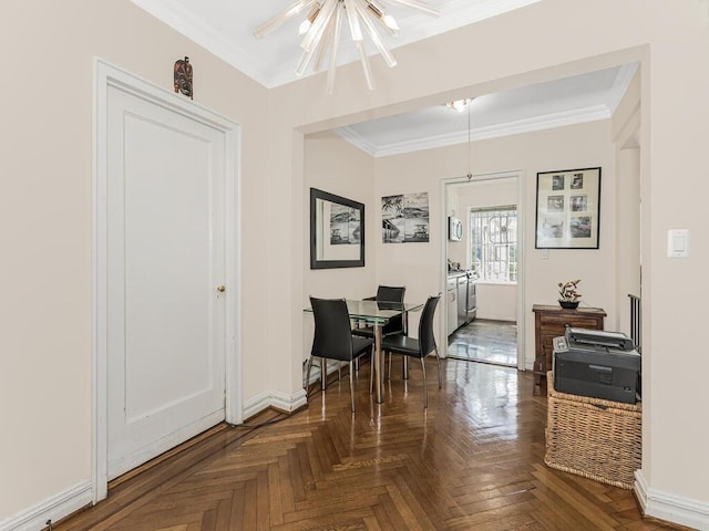 dining space featuring crown molding, parquet floors, and a notable chandelier