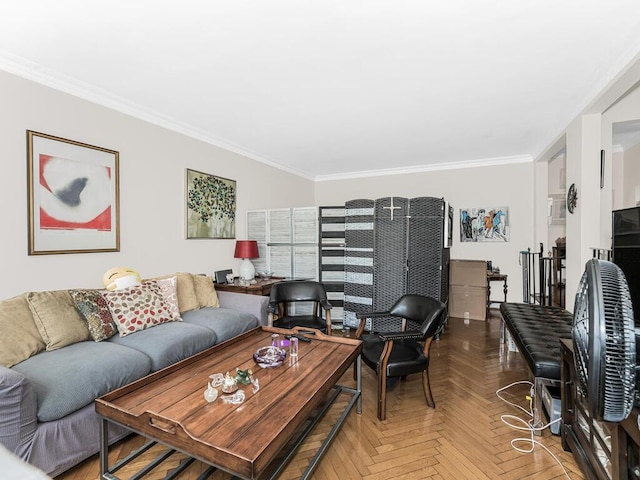 living room with parquet floors and crown molding