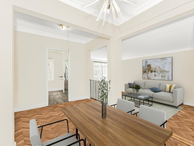 dining room with parquet floors, ornamental molding, and an inviting chandelier