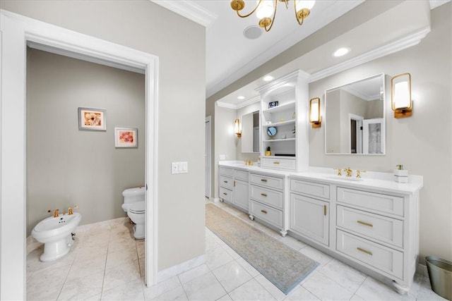 bathroom featuring an inviting chandelier, crown molding, a bidet, toilet, and vanity