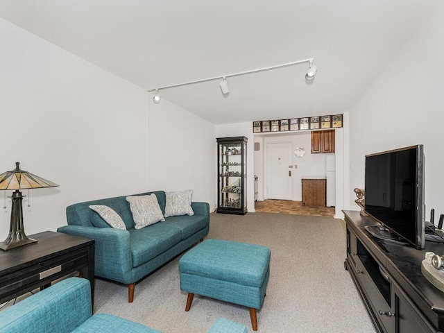 carpeted living room with track lighting