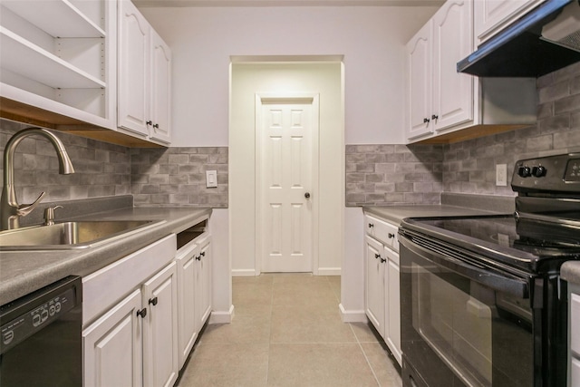 kitchen featuring white cabinetry, sink, ventilation hood, light tile patterned floors, and black appliances