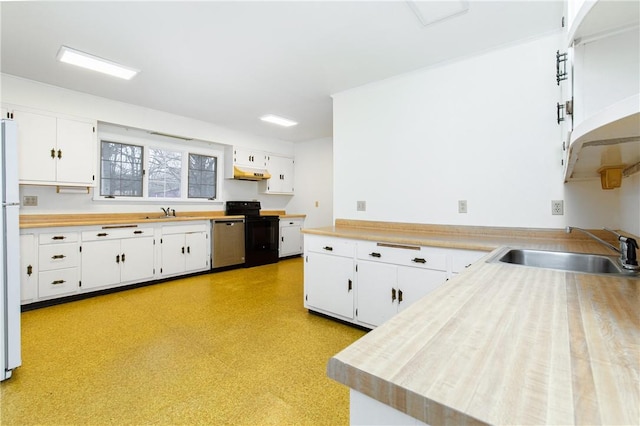 kitchen with white cabinetry, sink, dishwasher, black range with electric cooktop, and ventilation hood