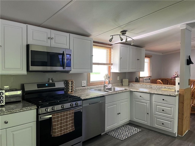 kitchen with white cabinets, dark hardwood / wood-style floors, sink, and appliances with stainless steel finishes