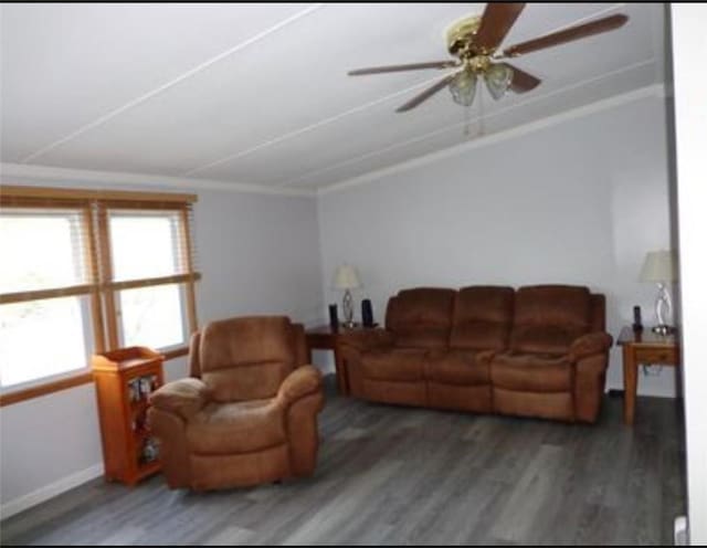 living room with crown molding and dark wood-type flooring