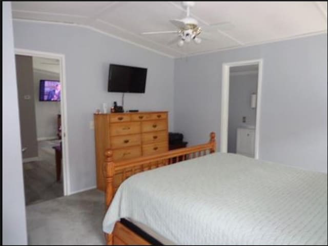 bedroom with carpet, ceiling fan, a closet, and vaulted ceiling