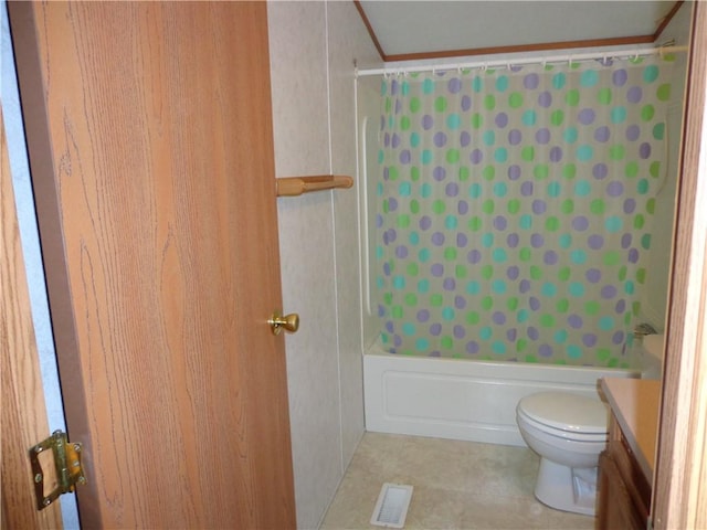 full bathroom with tile patterned flooring, vanity, shower / bath combination with curtain, and toilet