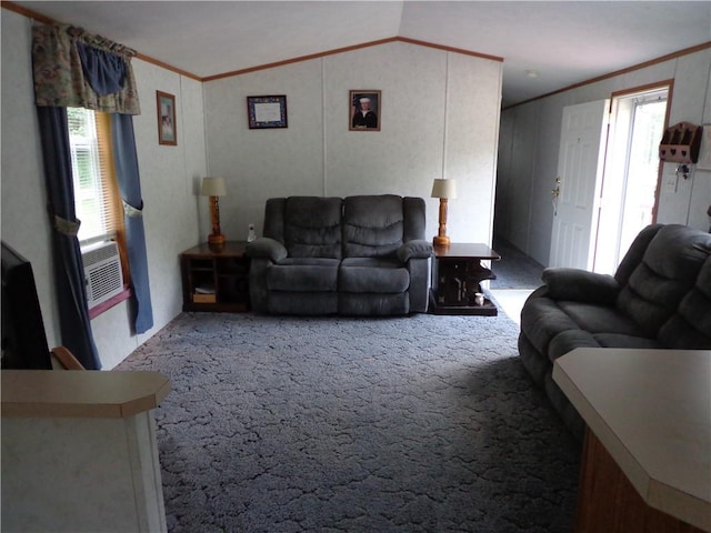 carpeted living room with crown molding, cooling unit, and lofted ceiling