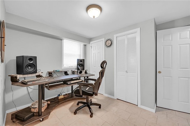 home office with light tile patterned floors