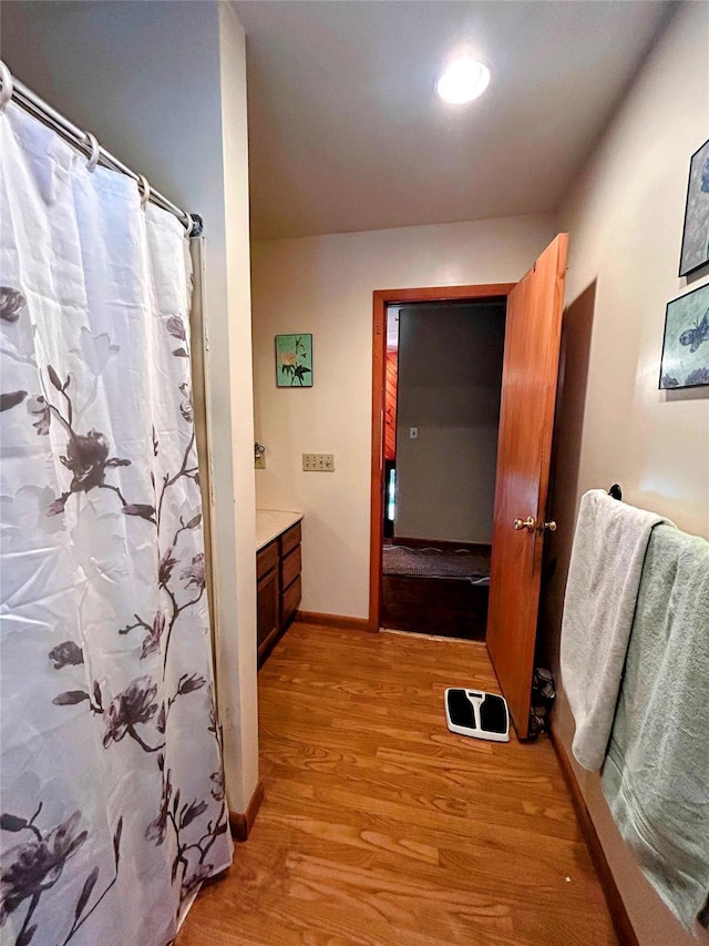 bathroom with hardwood / wood-style floors and vanity