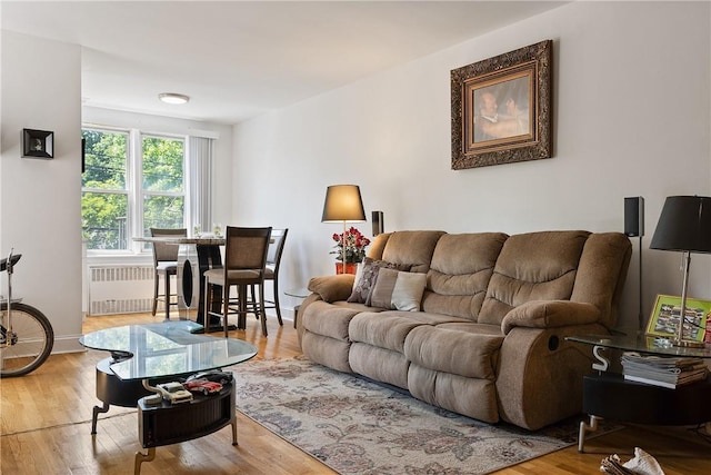 living room featuring radiator heating unit and hardwood / wood-style flooring