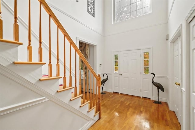 entrance foyer featuring light hardwood / wood-style floors and a high ceiling