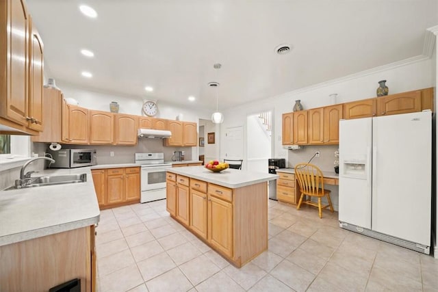 kitchen with sink, pendant lighting, white appliances, a kitchen island, and ornamental molding