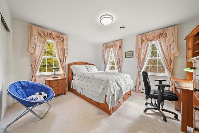 carpeted bedroom featuring multiple windows