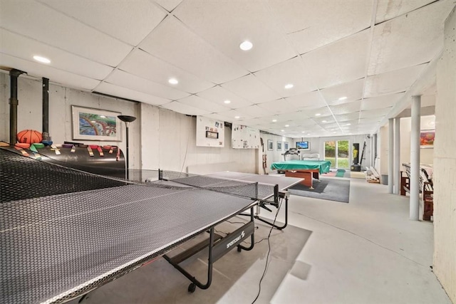 recreation room featuring a drop ceiling and pool table