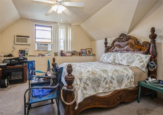 carpeted bedroom featuring ceiling fan, lofted ceiling, and a wall unit AC