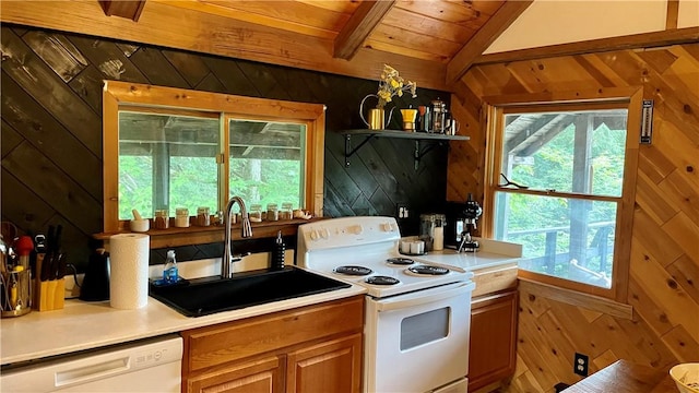 kitchen with wooden walls, sink, and white appliances