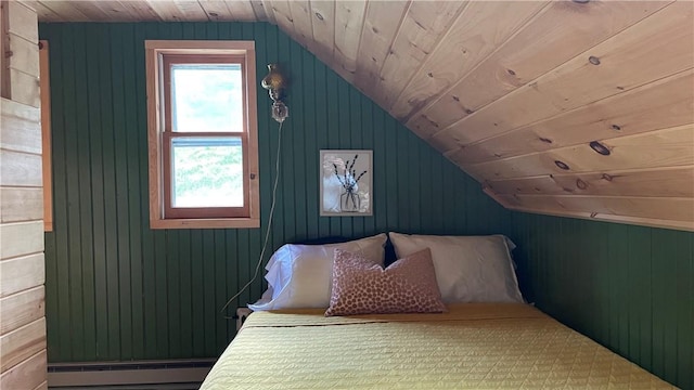 bedroom featuring wooden walls, wood ceiling, vaulted ceiling, and a baseboard heating unit