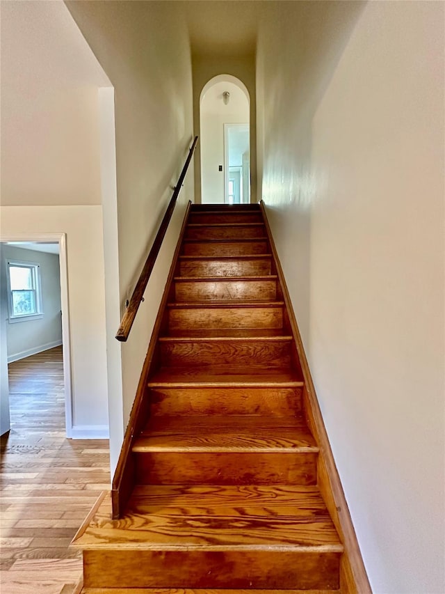 stairway featuring hardwood / wood-style floors