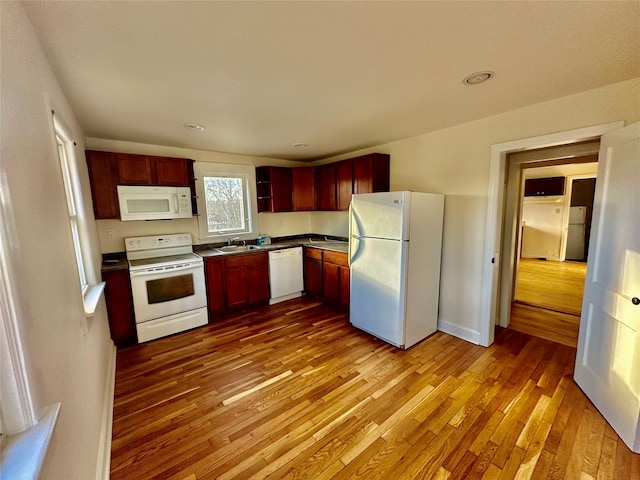 kitchen with hardwood / wood-style floors, white appliances, and sink