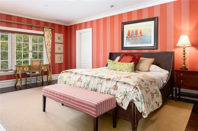 bedroom with baseboards and ornamental molding