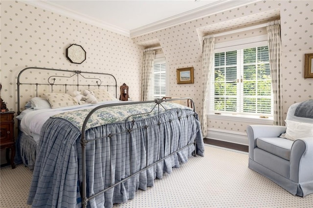 carpeted bedroom featuring ornamental molding, baseboards, and wallpapered walls