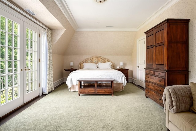 bedroom with wallpapered walls, access to outside, light colored carpet, and crown molding