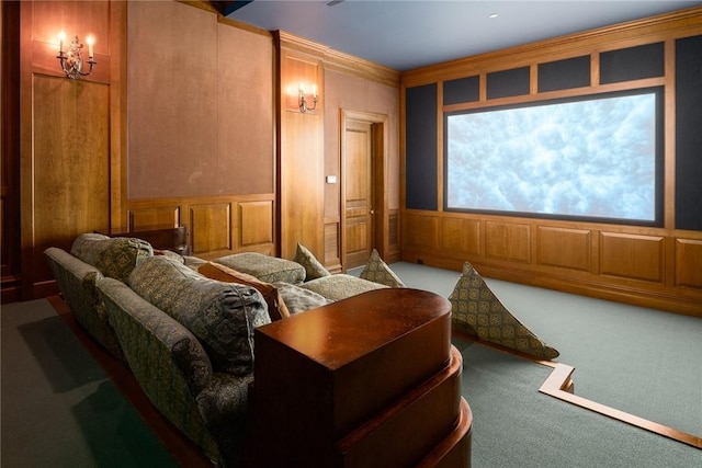 carpeted cinema with a decorative wall