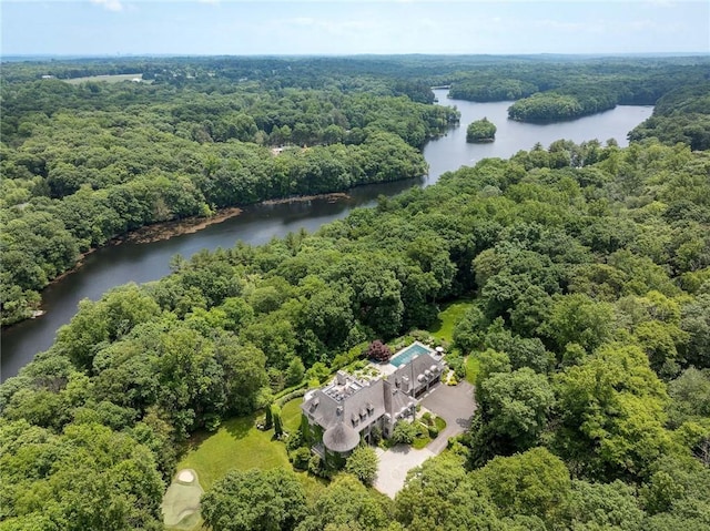 drone / aerial view featuring a water view and a view of trees
