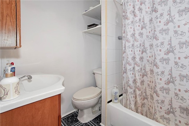 full bathroom featuring shower / bath combination with curtain, vanity, and toilet