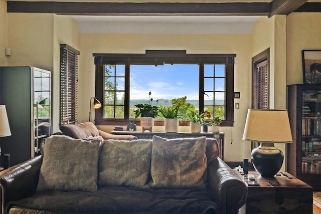 living room with beamed ceiling