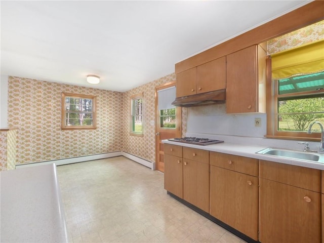 kitchen with stainless steel gas stovetop, baseboard heating, sink, and a wealth of natural light