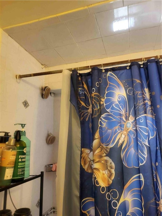 bathroom with a shower with shower curtain