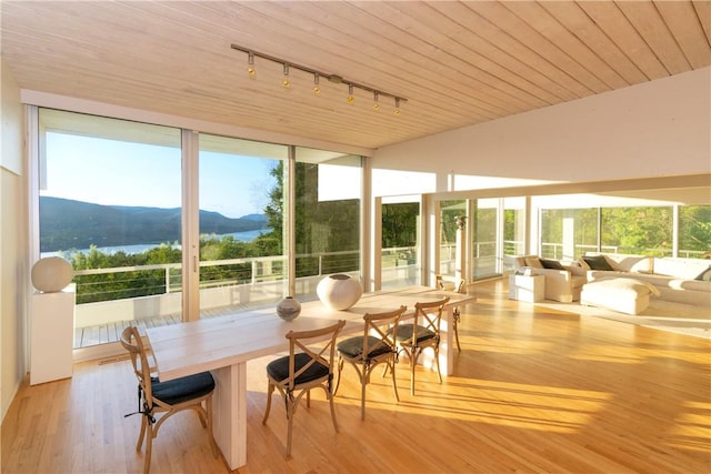 sunroom featuring a healthy amount of sunlight, rail lighting, a water and mountain view, and wood ceiling