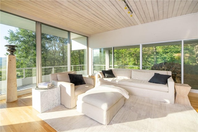 sunroom featuring wooden ceiling and track lighting