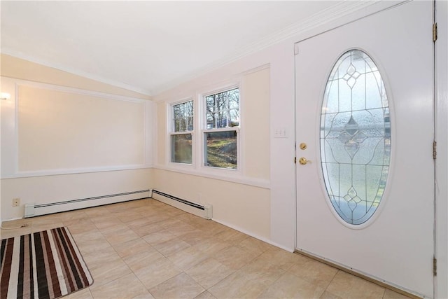 foyer entrance featuring crown molding and lofted ceiling