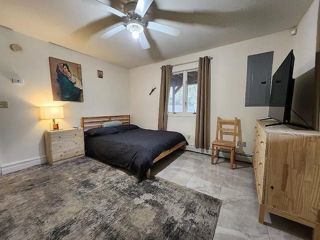 bedroom with electric panel, a baseboard radiator, and ceiling fan