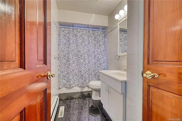 bathroom featuring tile patterned floors, vanity, curtained shower, and a baseboard heating unit