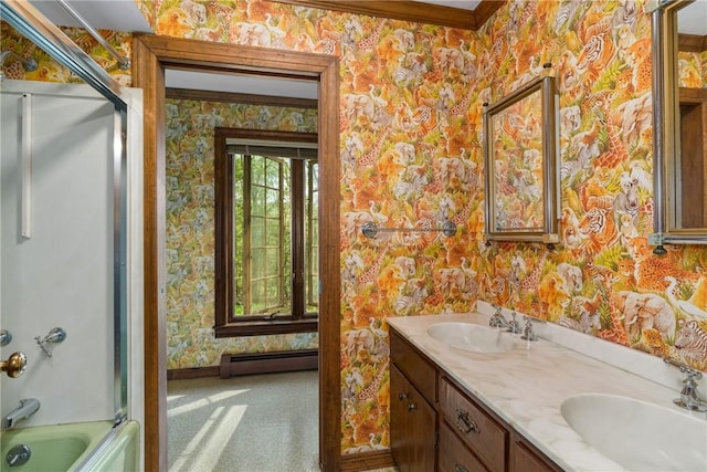 bathroom featuring baseboard heating, vanity, enclosed tub / shower combo, and ornamental molding