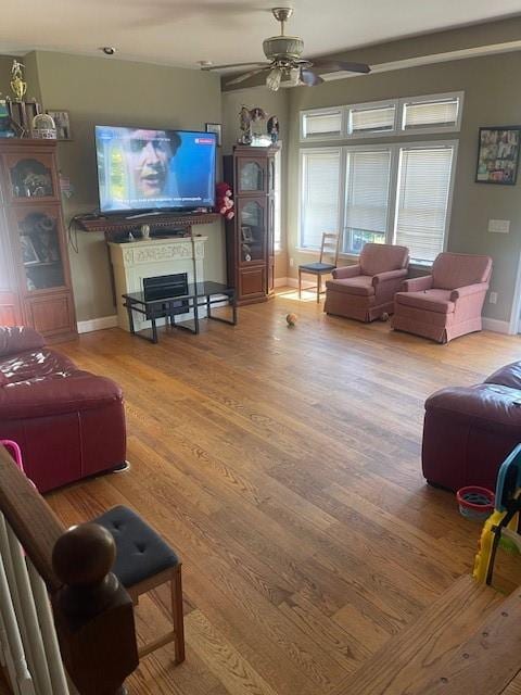 living room with hardwood / wood-style flooring and ceiling fan