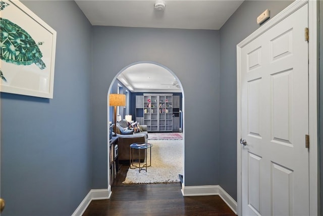 hallway with dark wood-type flooring