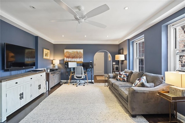 office featuring ceiling fan and dark hardwood / wood-style floors