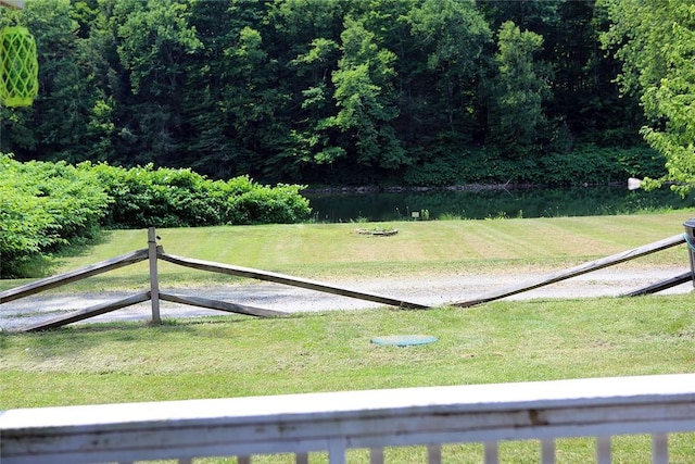 view of home's community with a yard and a water view