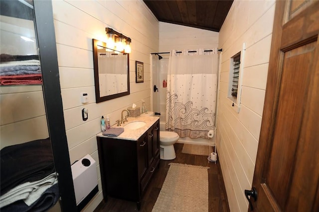 10 Ferry St, Fremont Center, NY 12736 - full bath with wood finished floors, toilet, vanity, wooden ceiling, and shower / bath combination with curtain