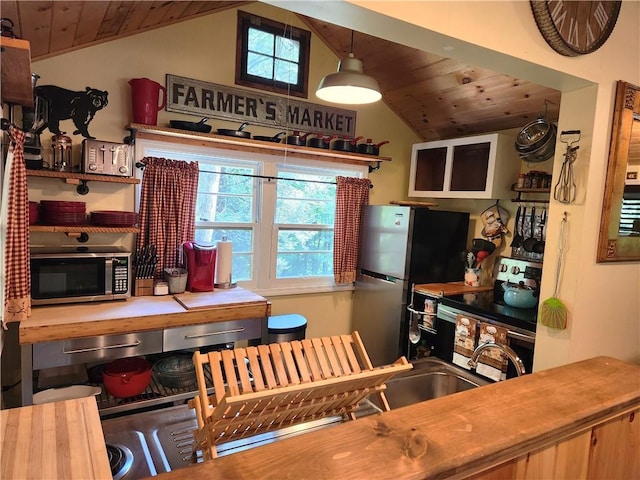 kitchen with a healthy amount of sunlight, decorative light fixtures, lofted ceiling, and appliances with stainless steel finishes