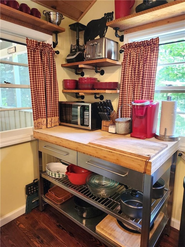 interior space with dark hardwood / wood-style flooring and wood counters