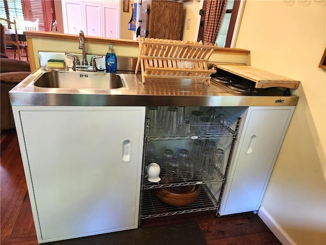 interior space with dark hardwood / wood-style floors, stainless steel counters, and sink