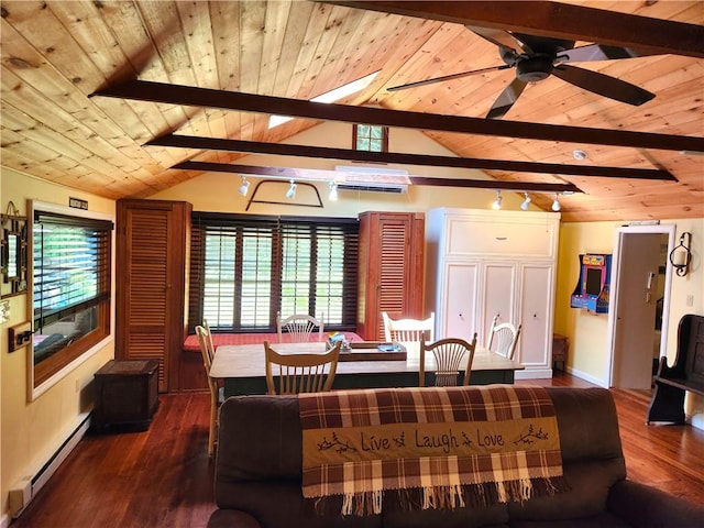 dining area with hardwood / wood-style flooring, lofted ceiling with beams, wood ceiling, and a baseboard heating unit