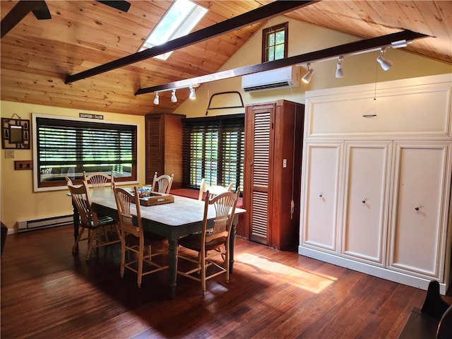 dining space featuring an AC wall unit, a healthy amount of sunlight, rail lighting, and lofted ceiling with beams