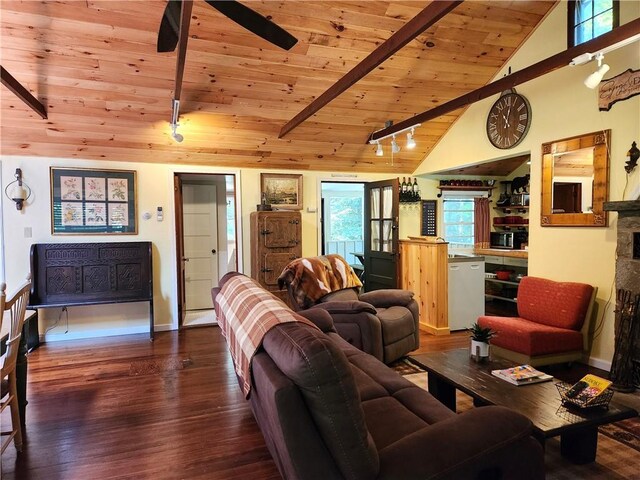 living room featuring hardwood / wood-style flooring, wooden ceiling, beamed ceiling, and high vaulted ceiling